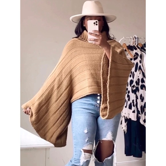 Concert Brown Olive Turtleneck Heavy Knit Pullover Sweater Wide Sleeves One Size - Picture 5 of 9